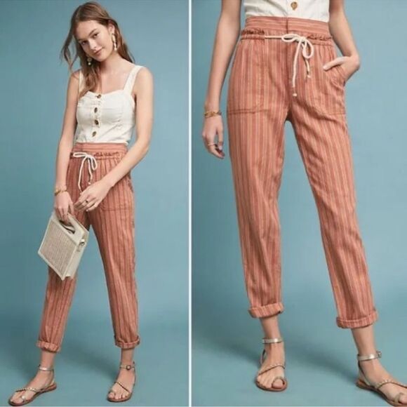Anthropologie Seashore Striped Linen Pants Tie Waist Drawstring Pull-On Size M - Picture 1 of 9